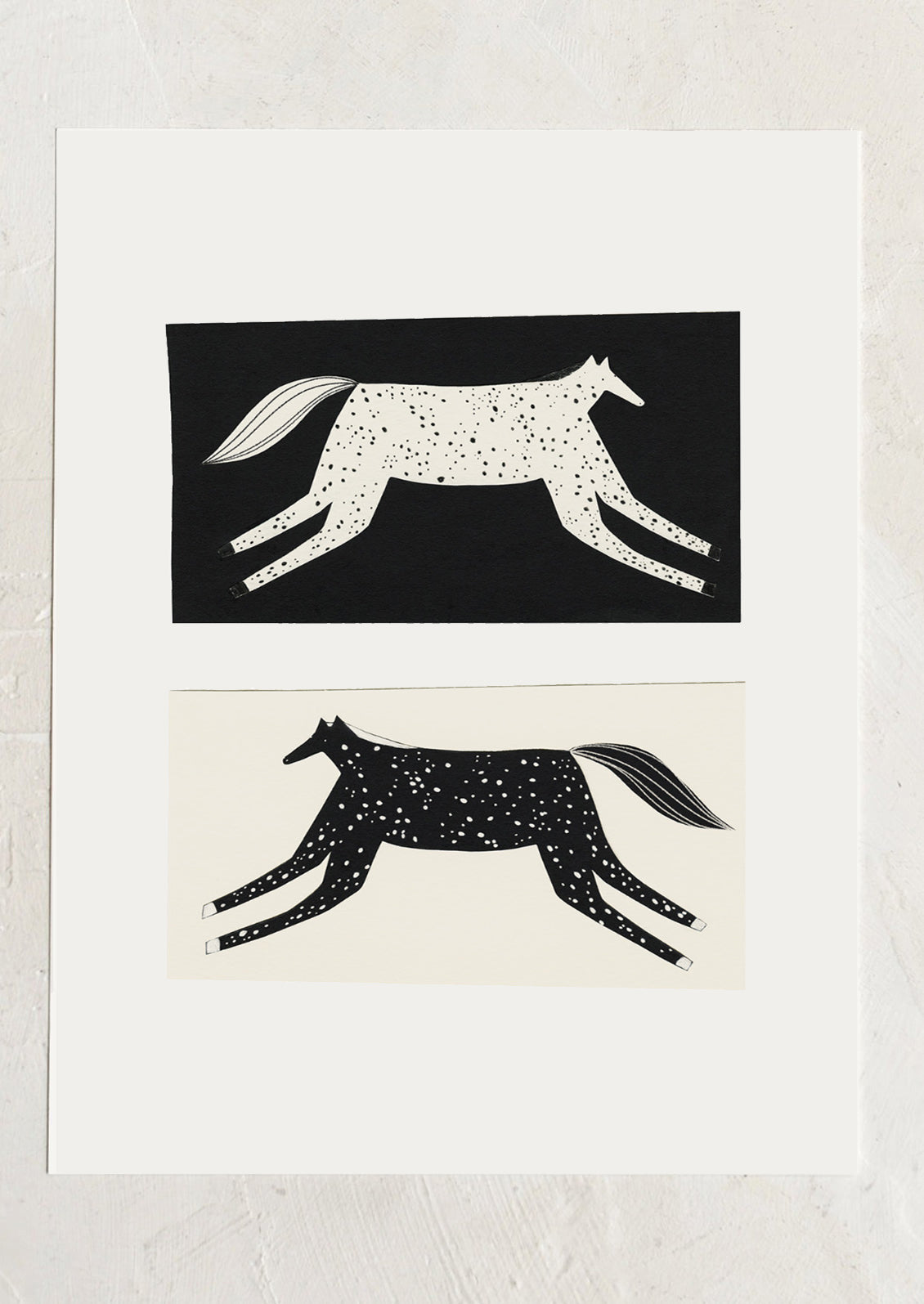 Two black and white illustrations of horses on a light gray background