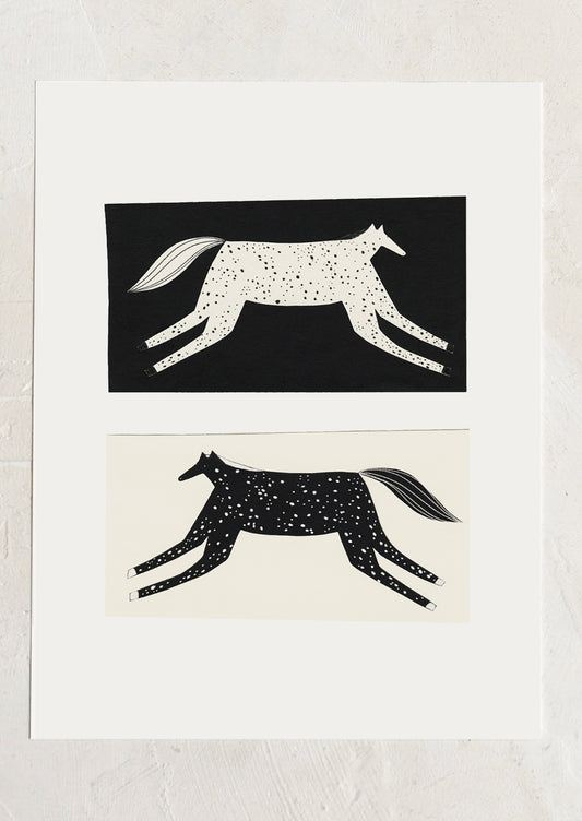 Two black and white illustrations of horses on a light gray background