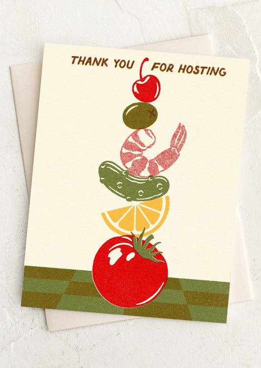 Greeting card with food illustrations and 'Thank you for hosting' text on a white background