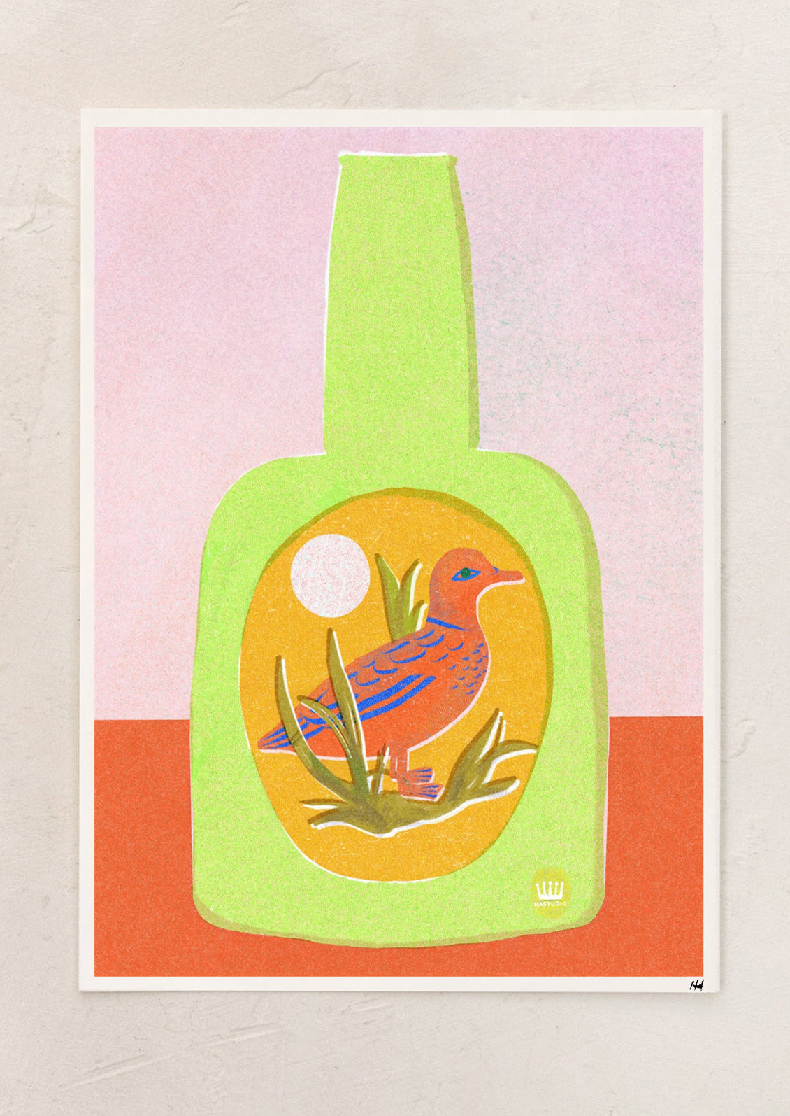 Colorful bottle-shaped artwork with a bird design on a pink and orange background