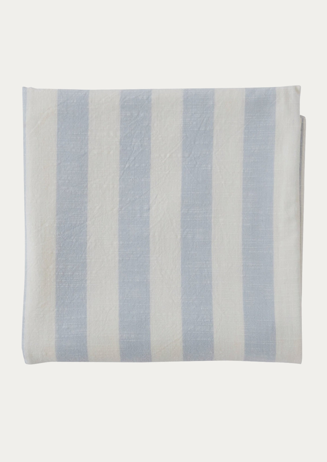 A cotton tablecloth in pale blue and white stripe pattern.