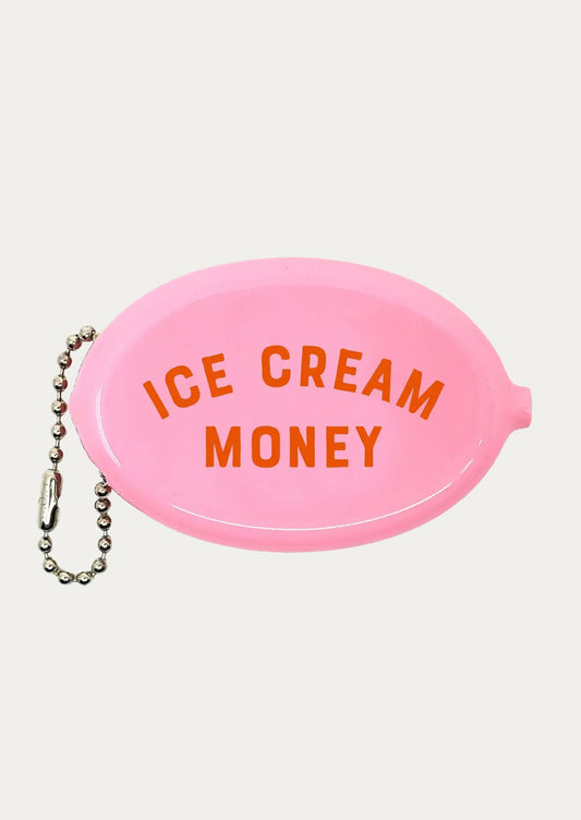 Pink coin purse with 'ICE CREAM MONEY' text on a white background