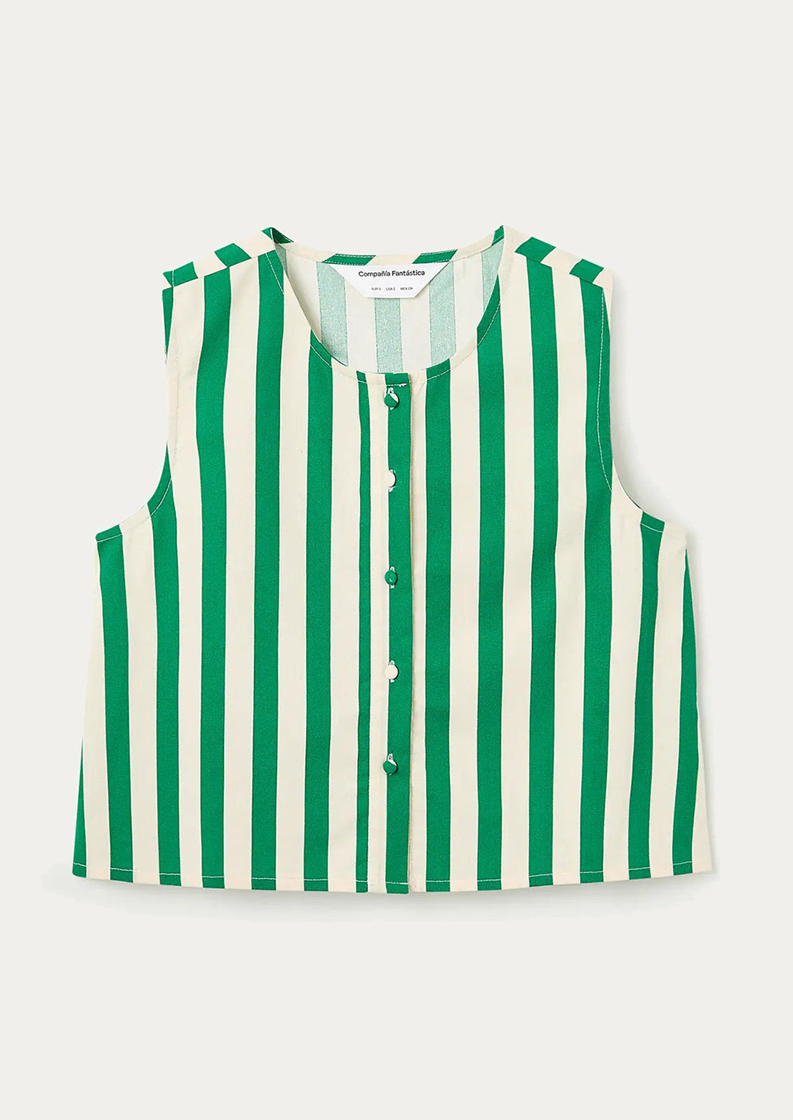A shell tank top with green and white vertical stripes.