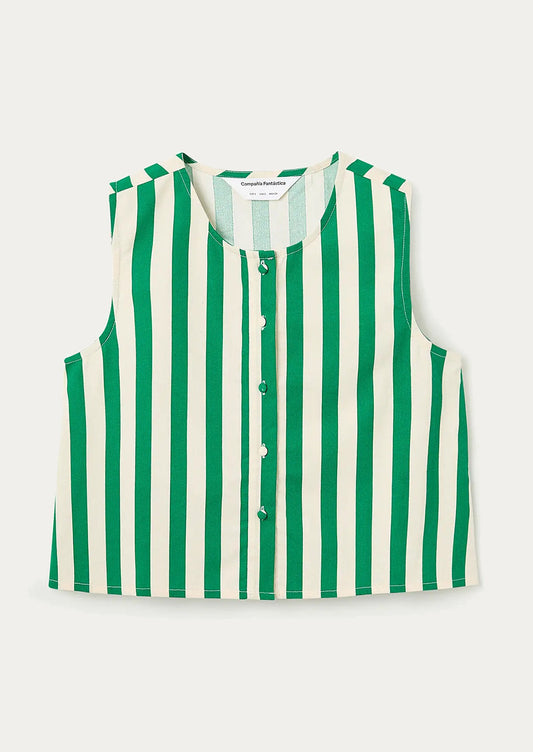 A shell tank top with green and white vertical stripes.
