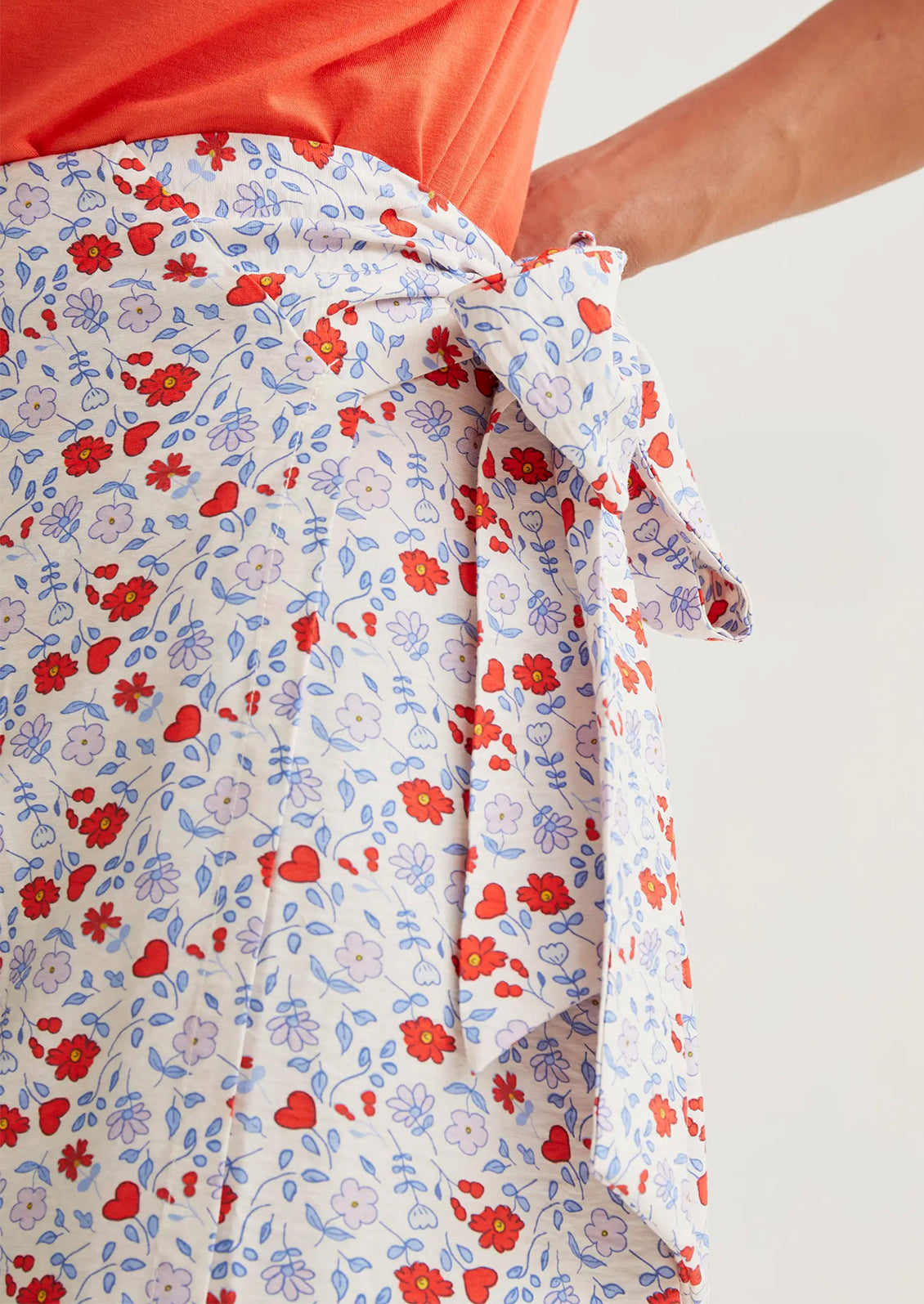 Floral patterned fabric with red and blue flowers on a white background