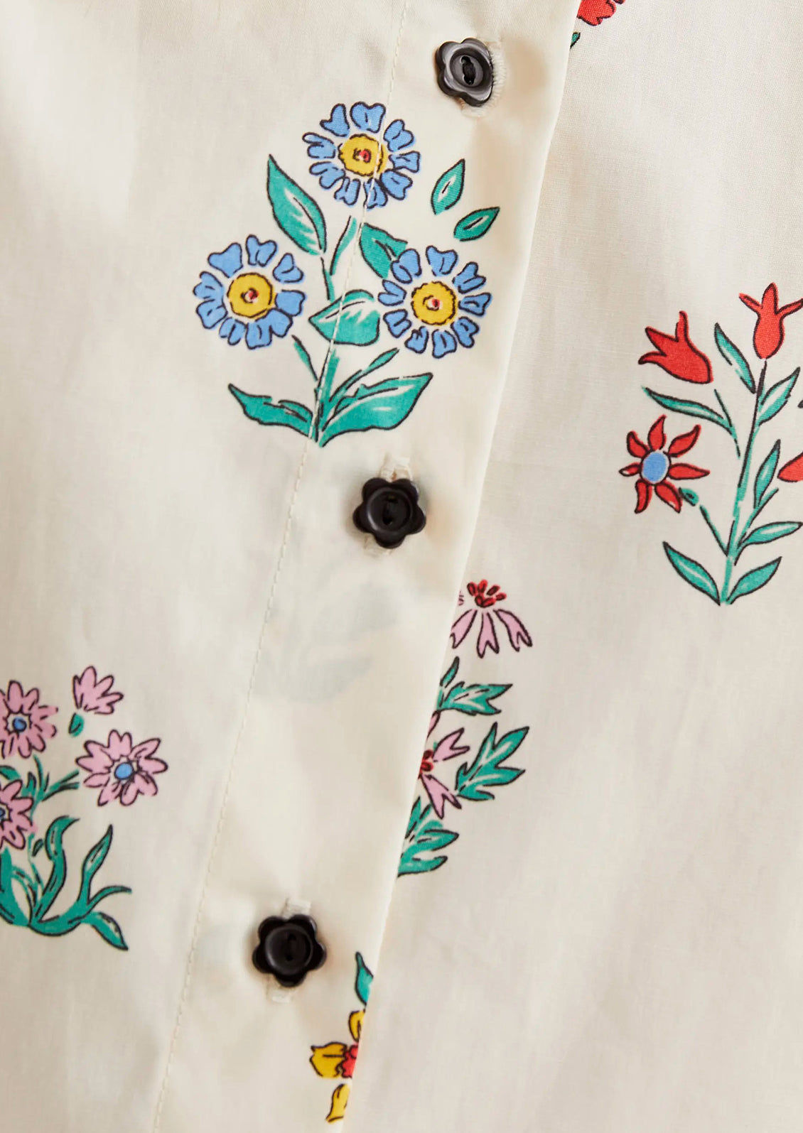 Close-up of a shirt with colorful floral embroidery on a white background