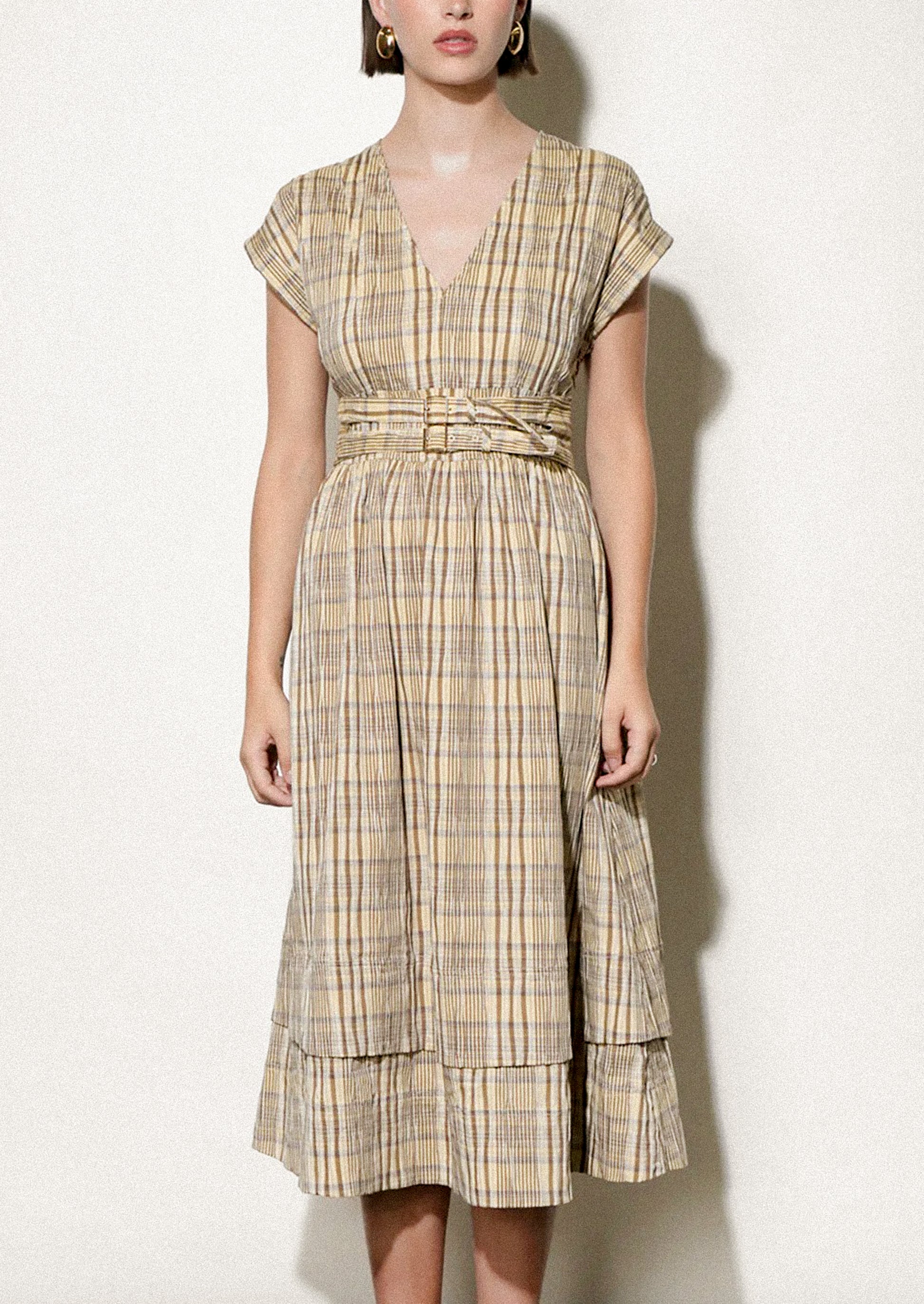 Woman wearing a plaid dress against a white background