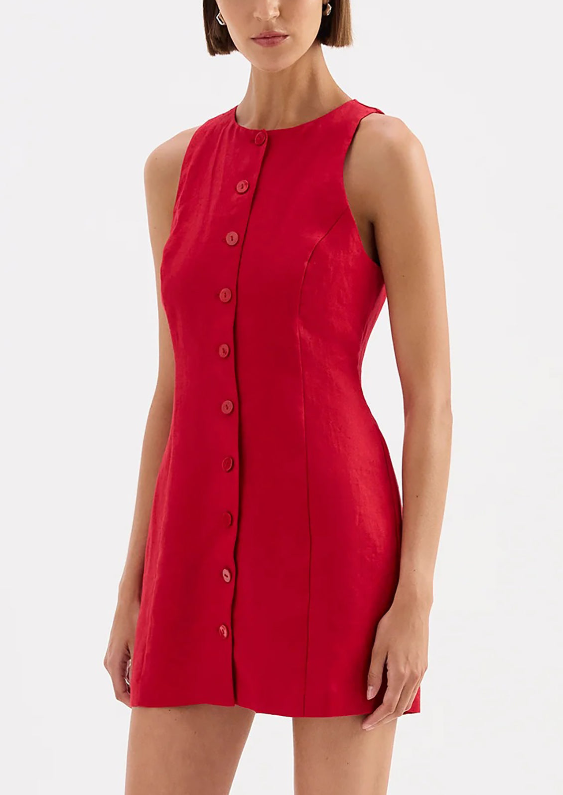 Red sleeveless dress with buttons on a white background