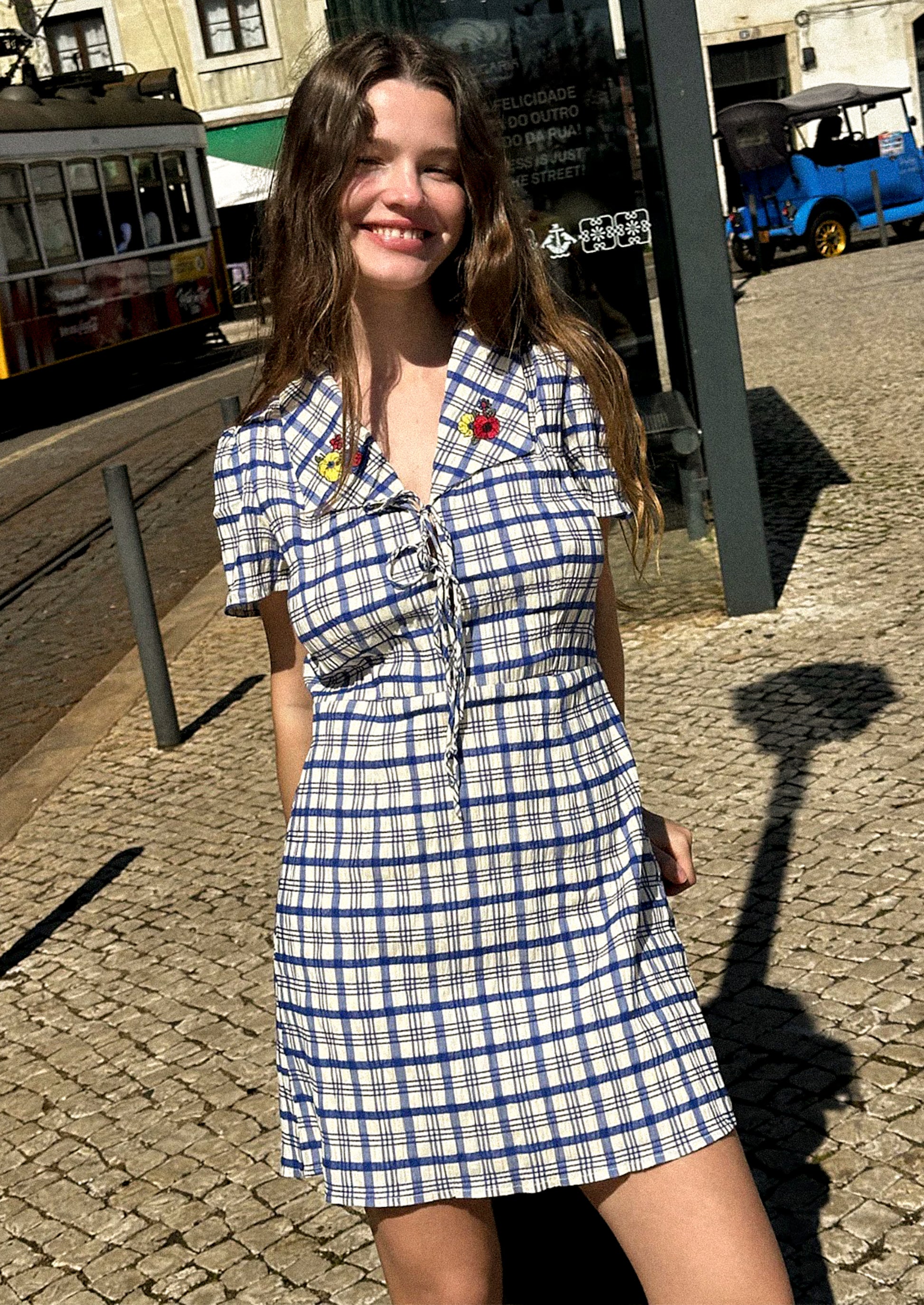 A blue and white plaid mini dress with primary colored floral embroidery at collar.
