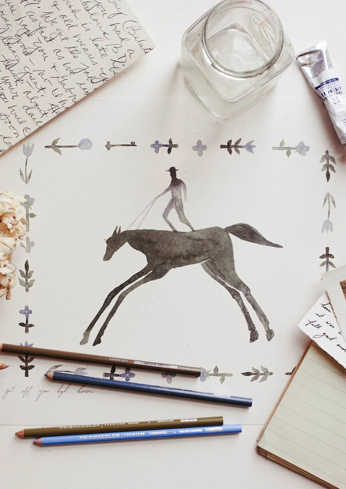 An art print of a watercolor painting of a shadow of a man on a big horse.