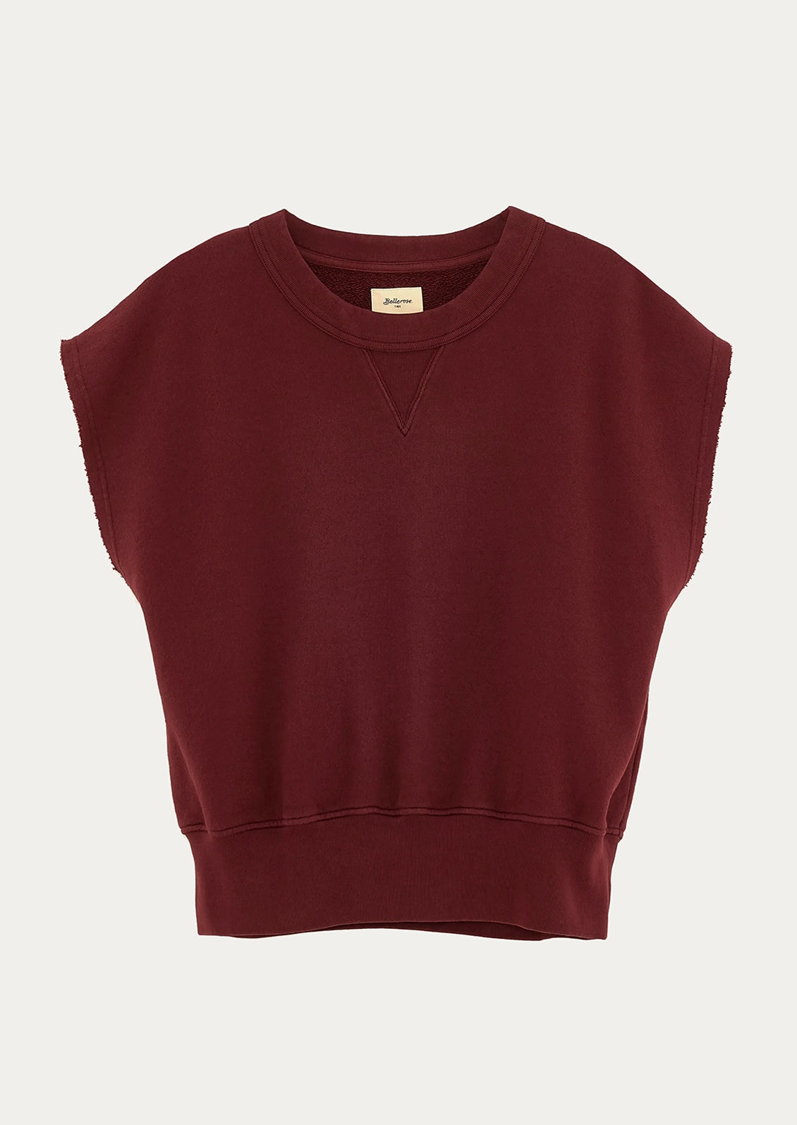 Maroon sleeveless sweatshirt.