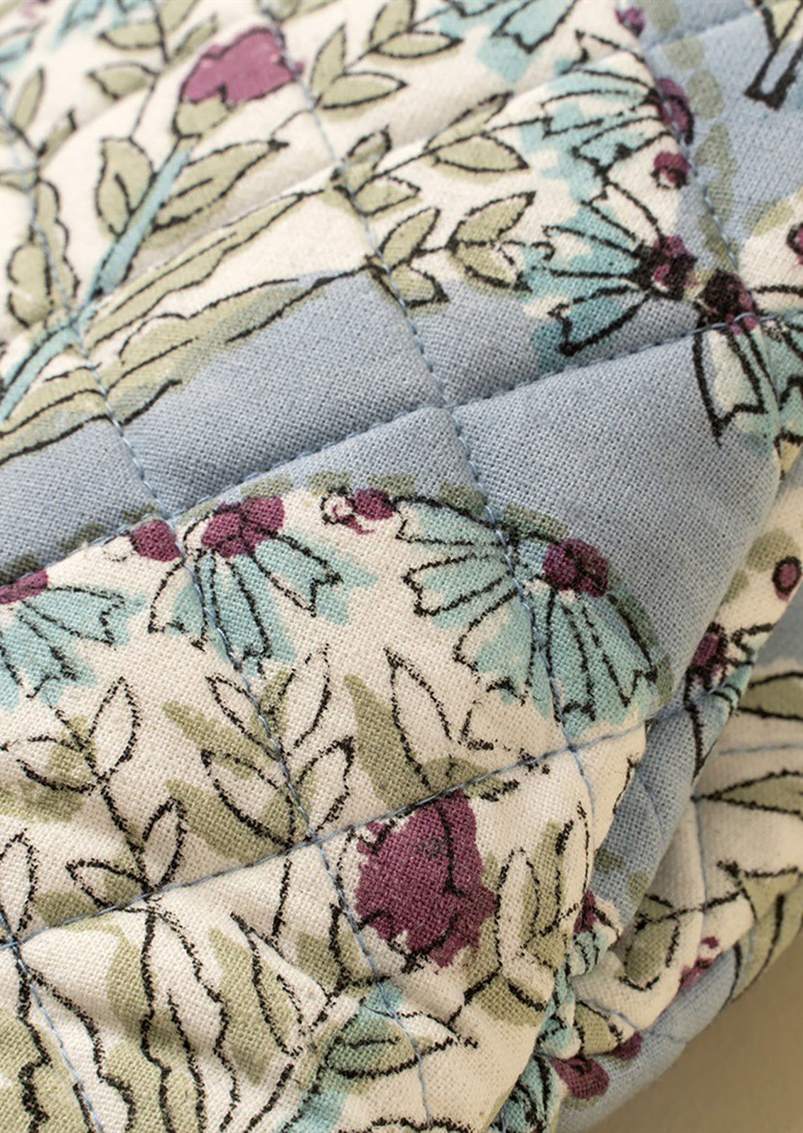 Close-up of a quilt with floral pattern and visible stitching