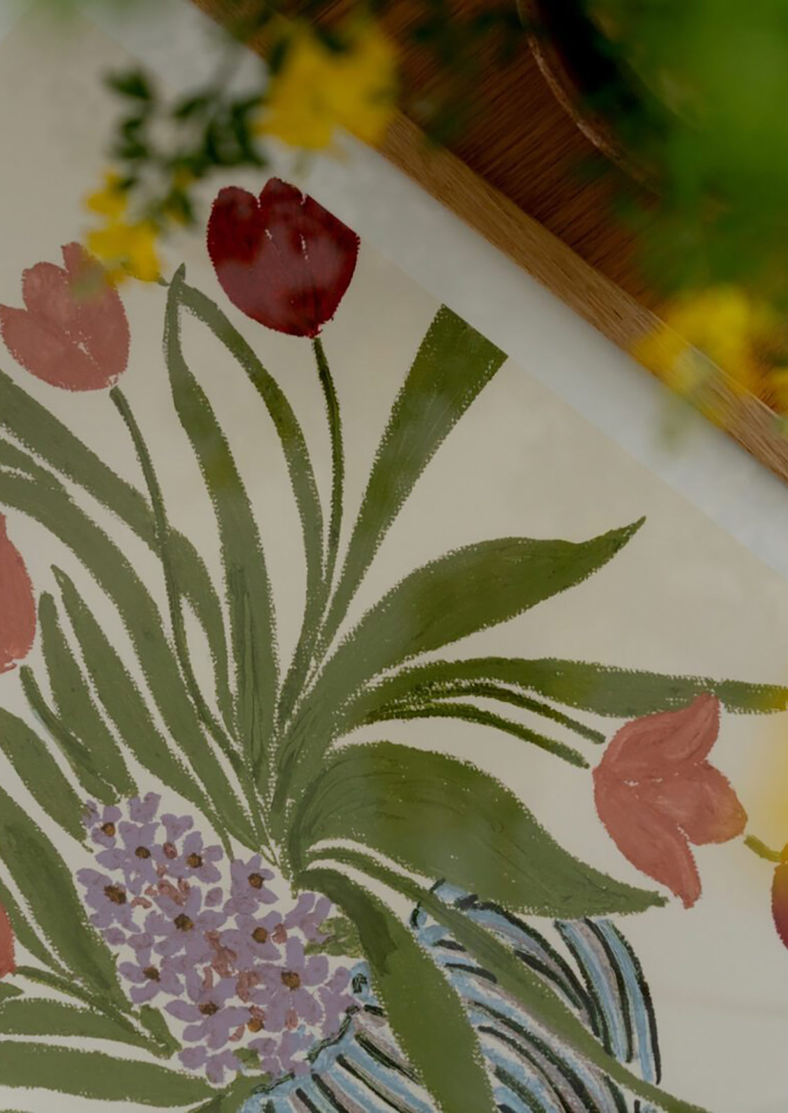 An art print of pastel illustration of flowers in a striped vase.