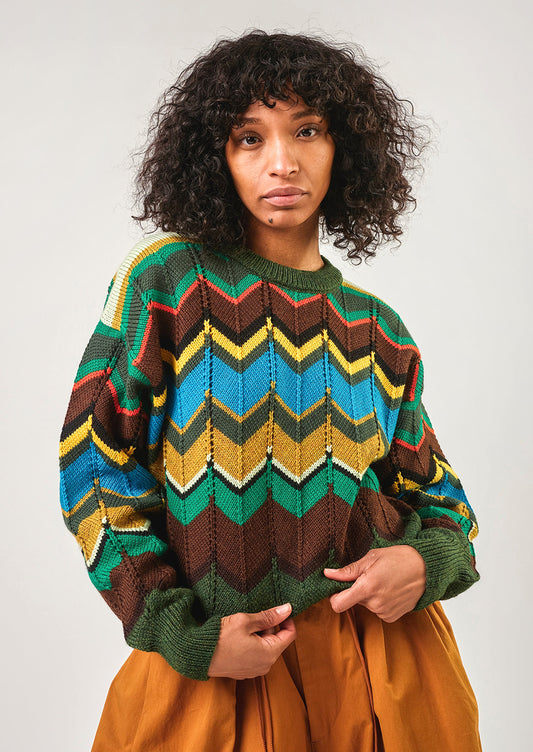 Person wearing a colorful patterned sweater against a plain background
