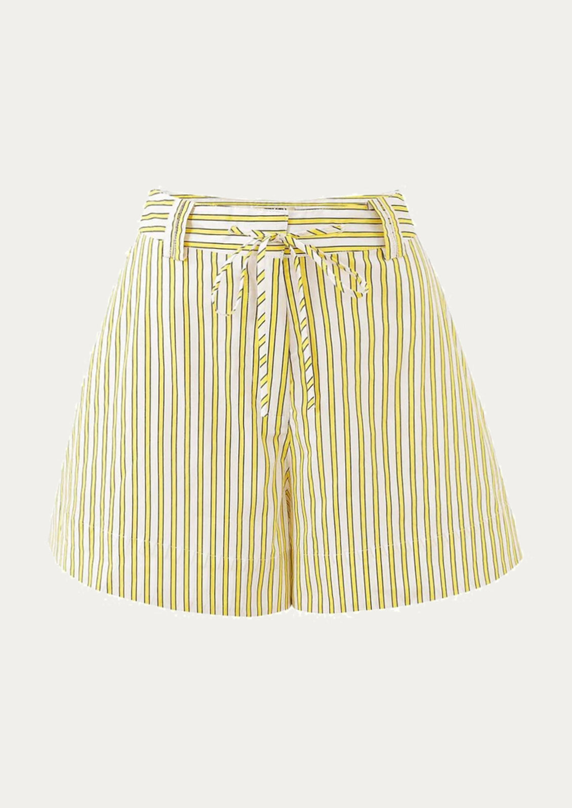 Yellow and white vertically striped shorts with a matching drawstring waist belt.