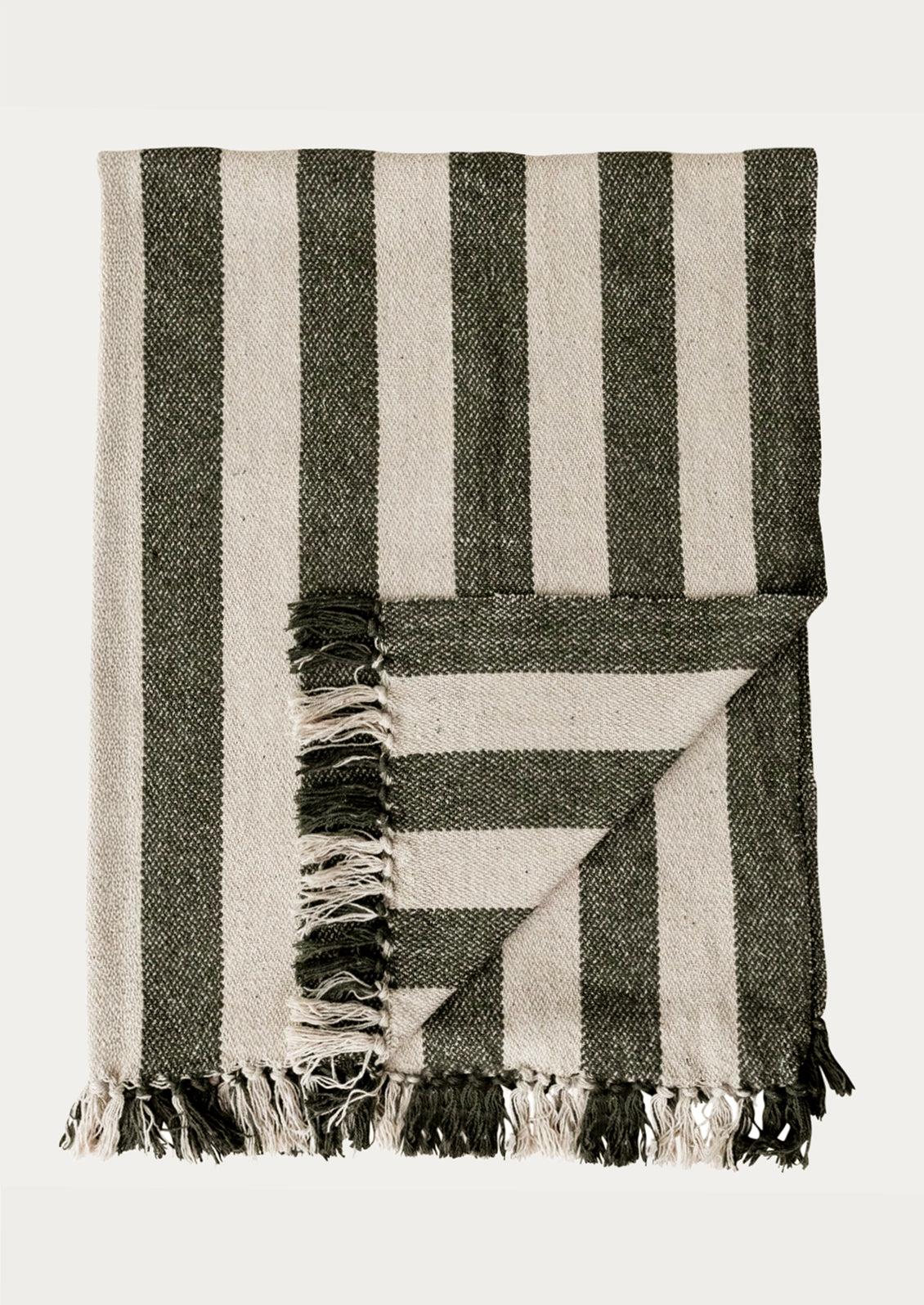 A woven cotton blanket in natural and dark green stripe.