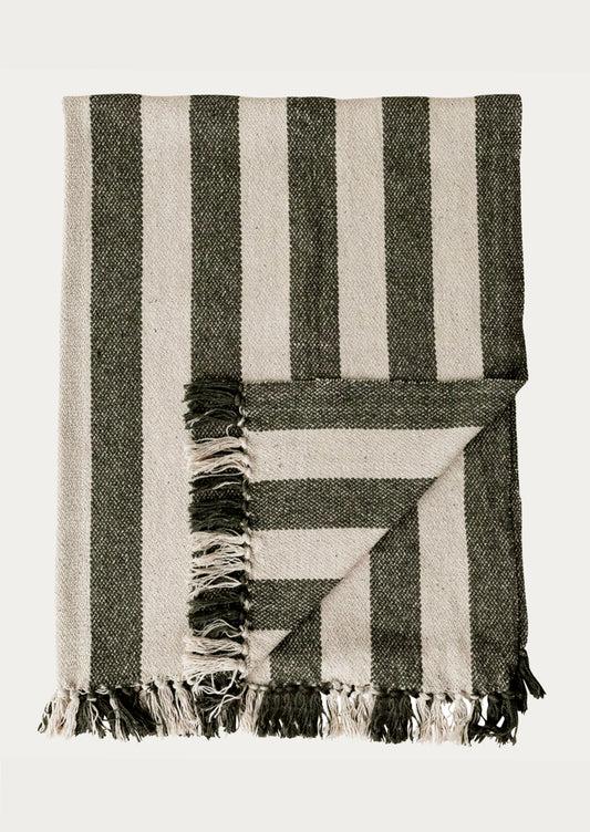 A woven cotton blanket in natural and dark green stripe.