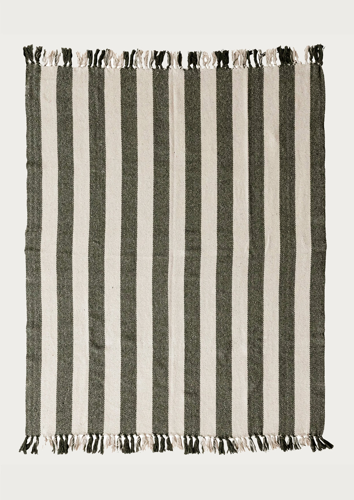 A woven cotton blanket in natural and dark green stripe.