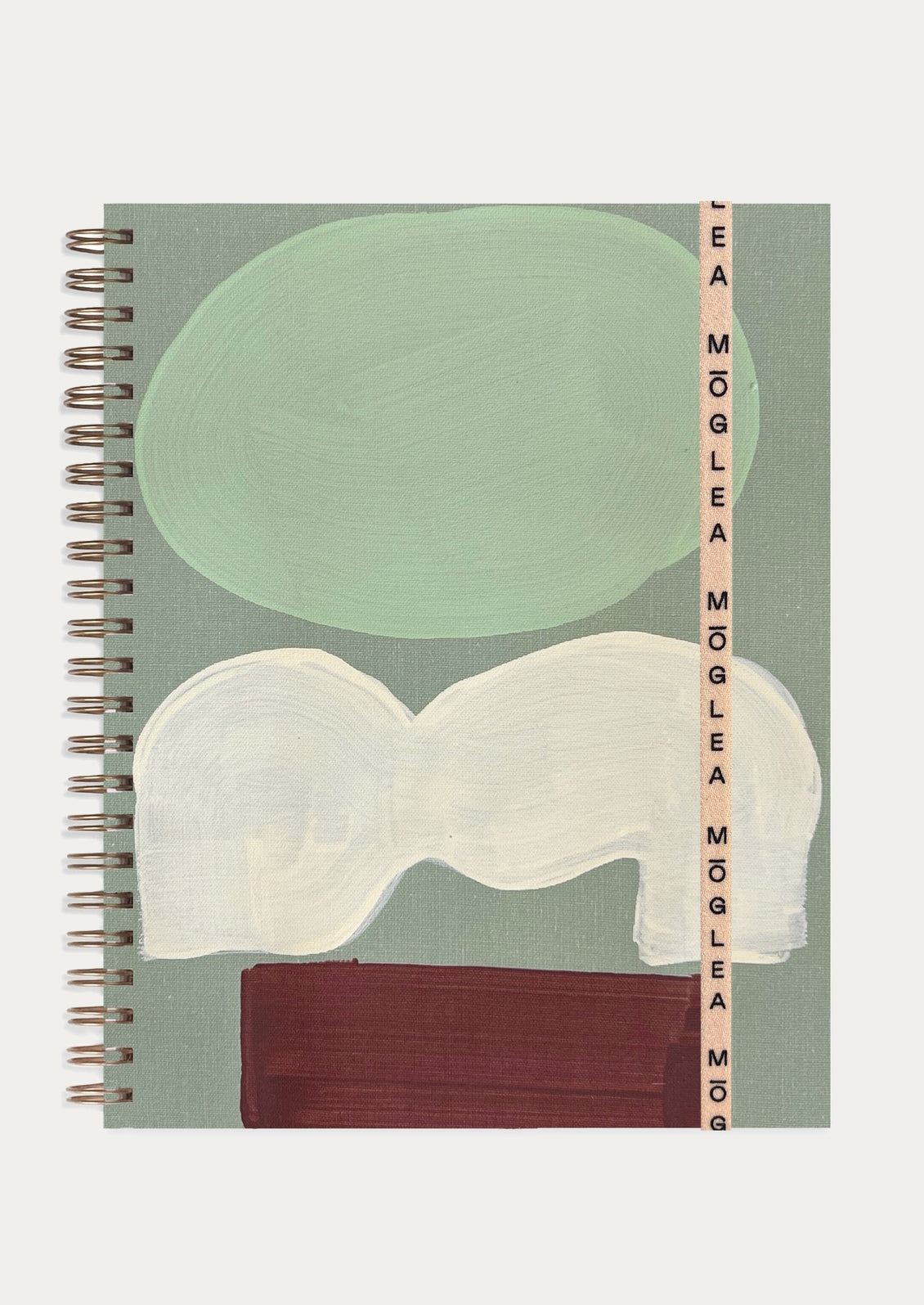 A hand painted notebook in tones of sage green, white and maroon.