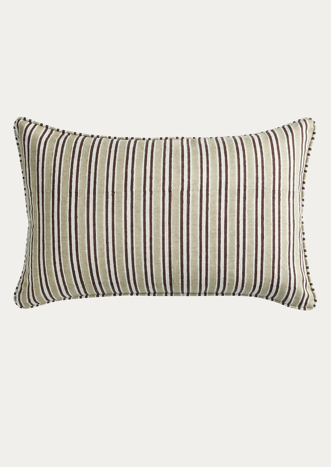 A rectangular throw pillow with vertical stripes in beige, brown, and dark brown.