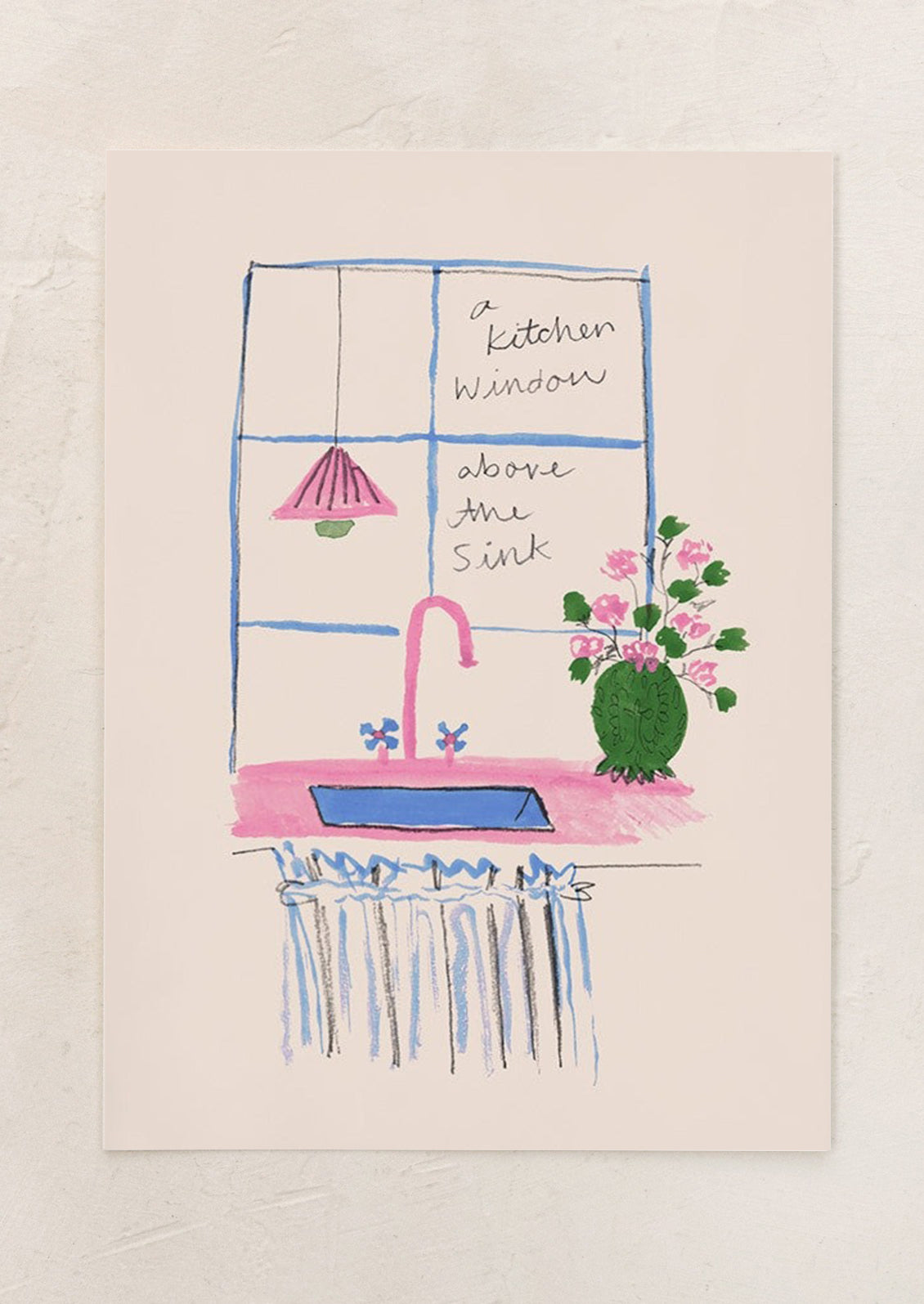 Illustration of a kitchen window above a sink with flowers and a lamp.