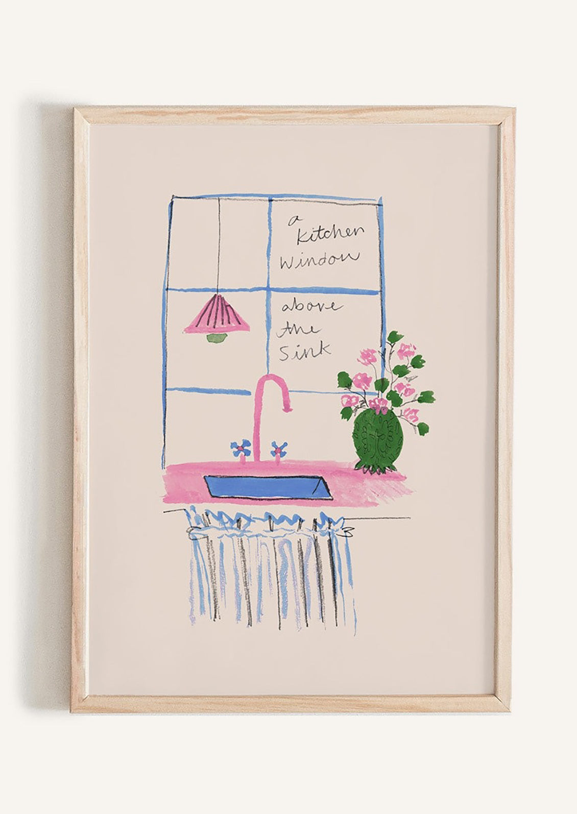 Framed artwork of a kitchen scene with a sink, window, and flowers.