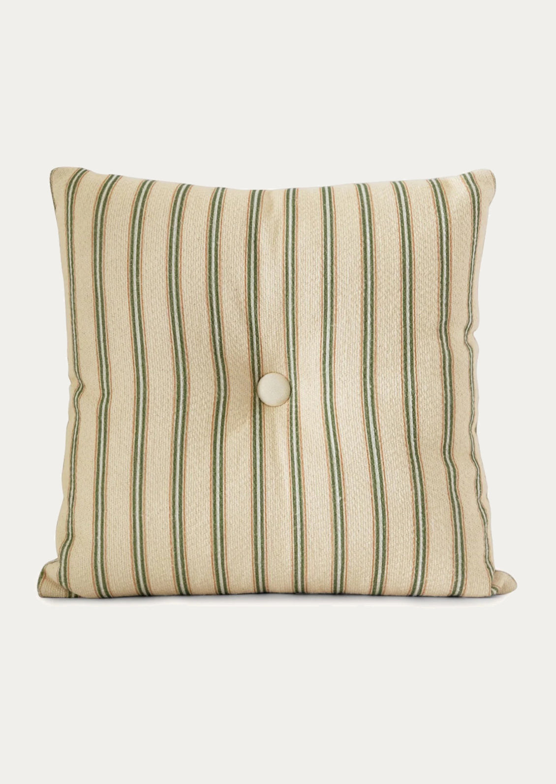 A beige pillow with green stripes and tufted button detailing at center.