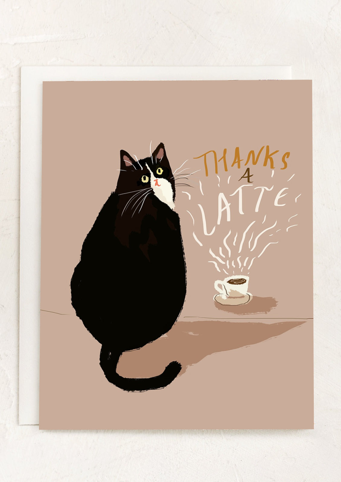 A card with illustration of cat and coffee, text reads "Thanks a latte".