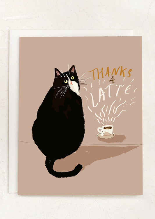 A card with illustration of cat and coffee, text reads "Thanks a latte".