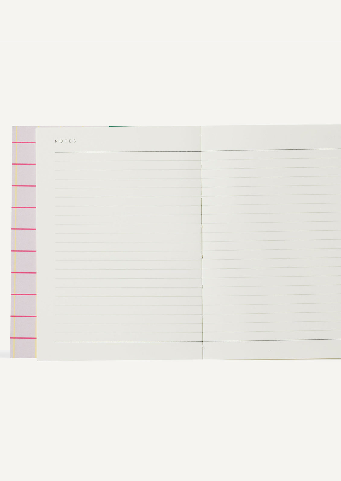 A notebook with ruled pages on both sides.