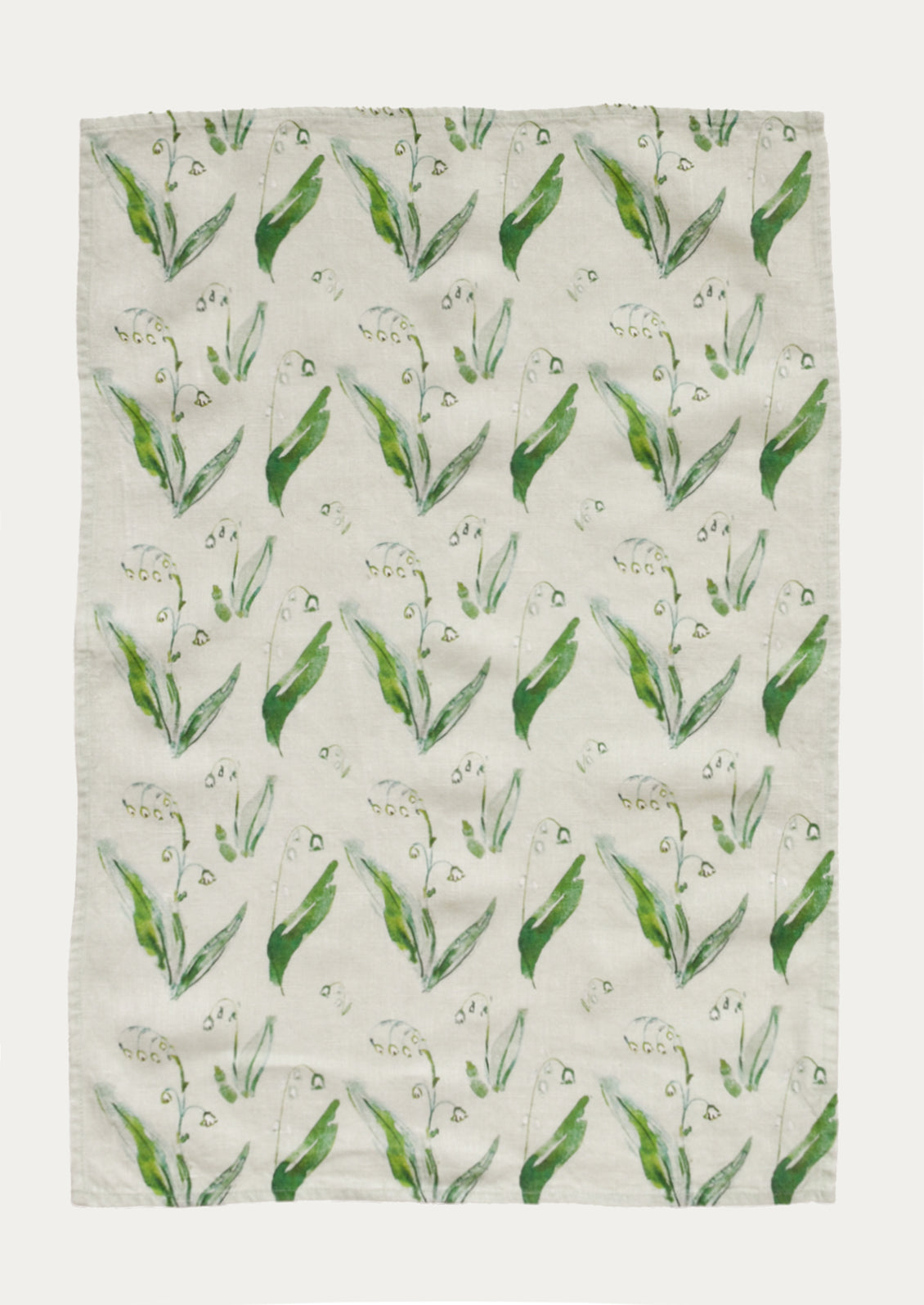 Kitchen tea towel with green lily of the valley pattern