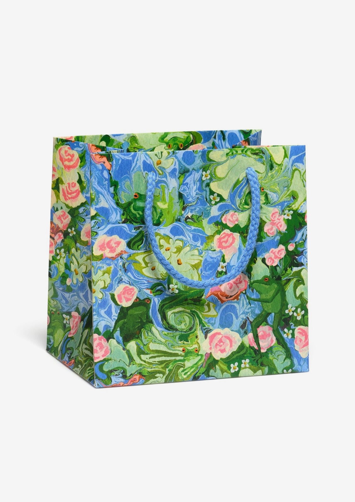 A small square shaped gift bag with frog and lily pond print.