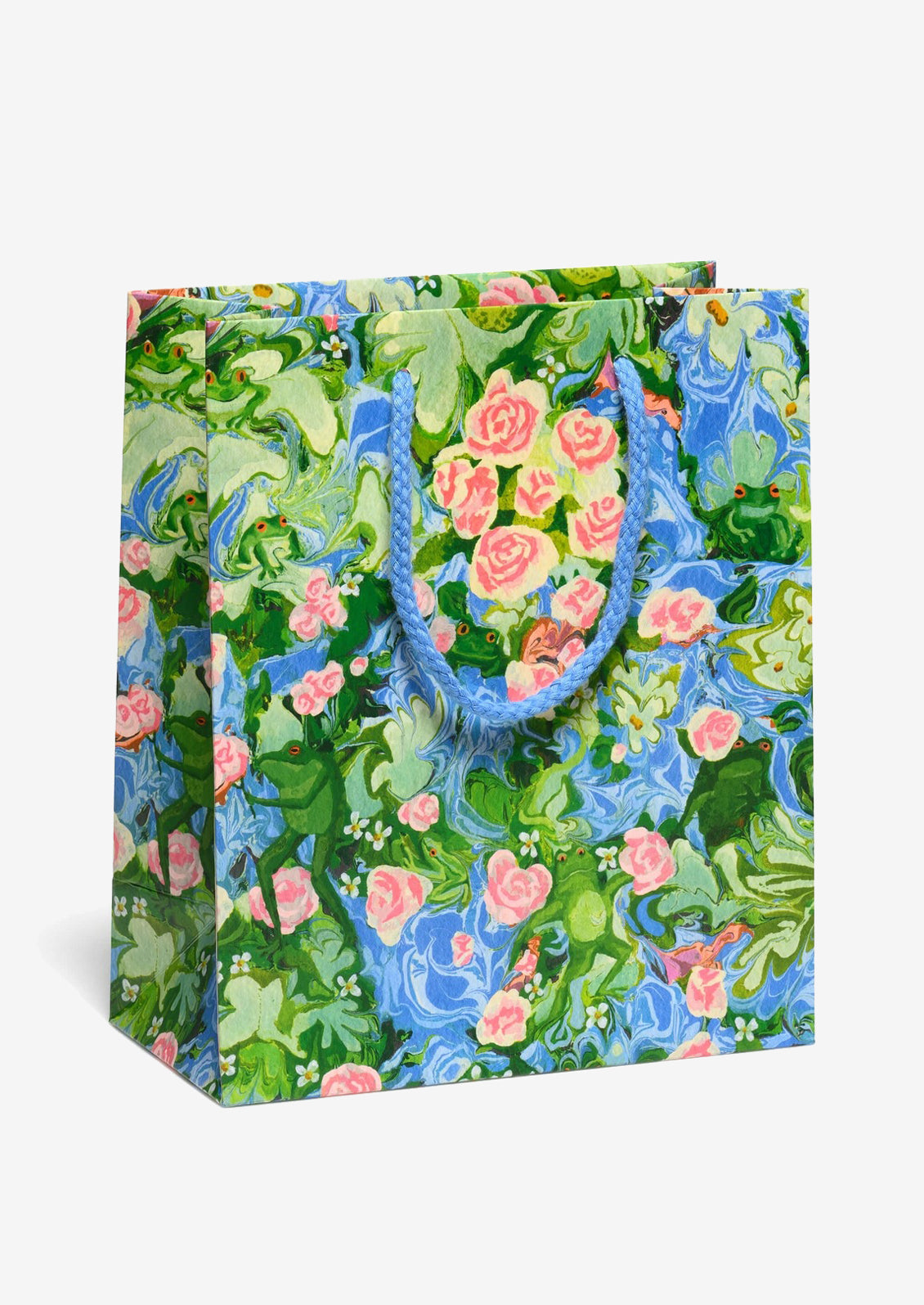 A printed gift bag with frog and lily pad print in blue, green and pink.