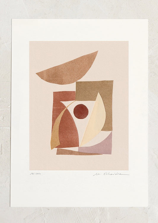 An art print with formation of abstract shapes in tones of red, brown and beige.