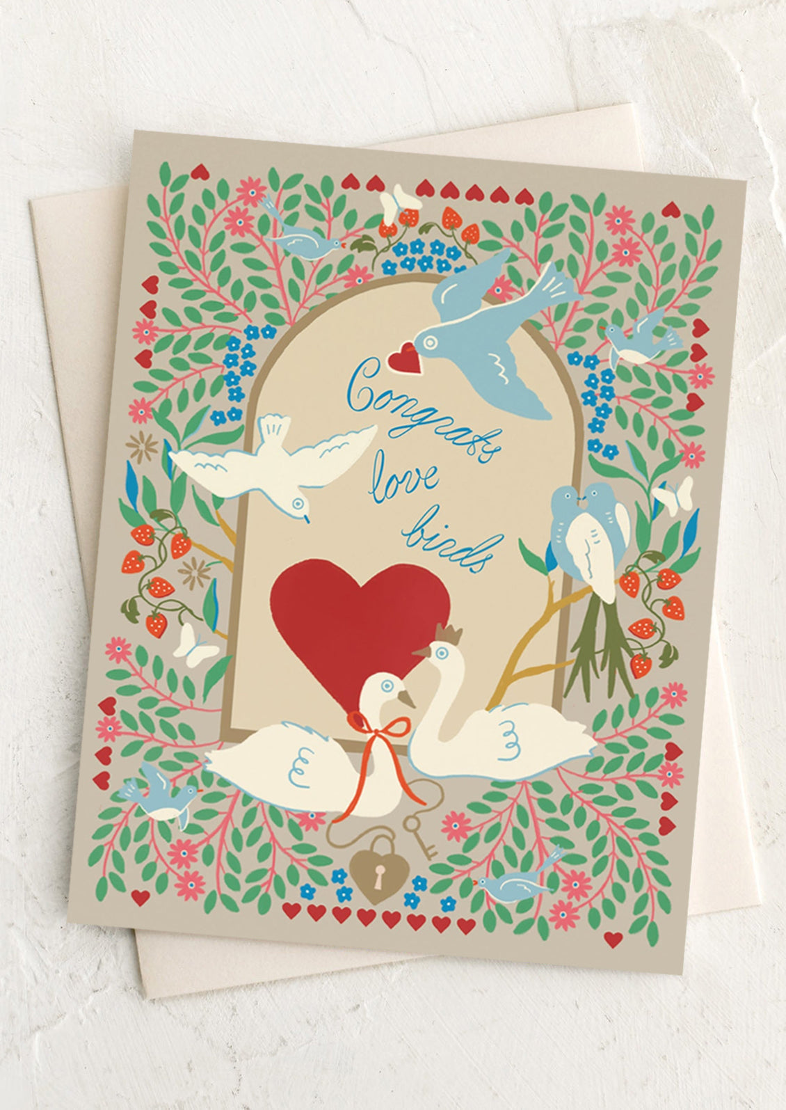 Greeting card with birds, heart, and floral design on a beige background
