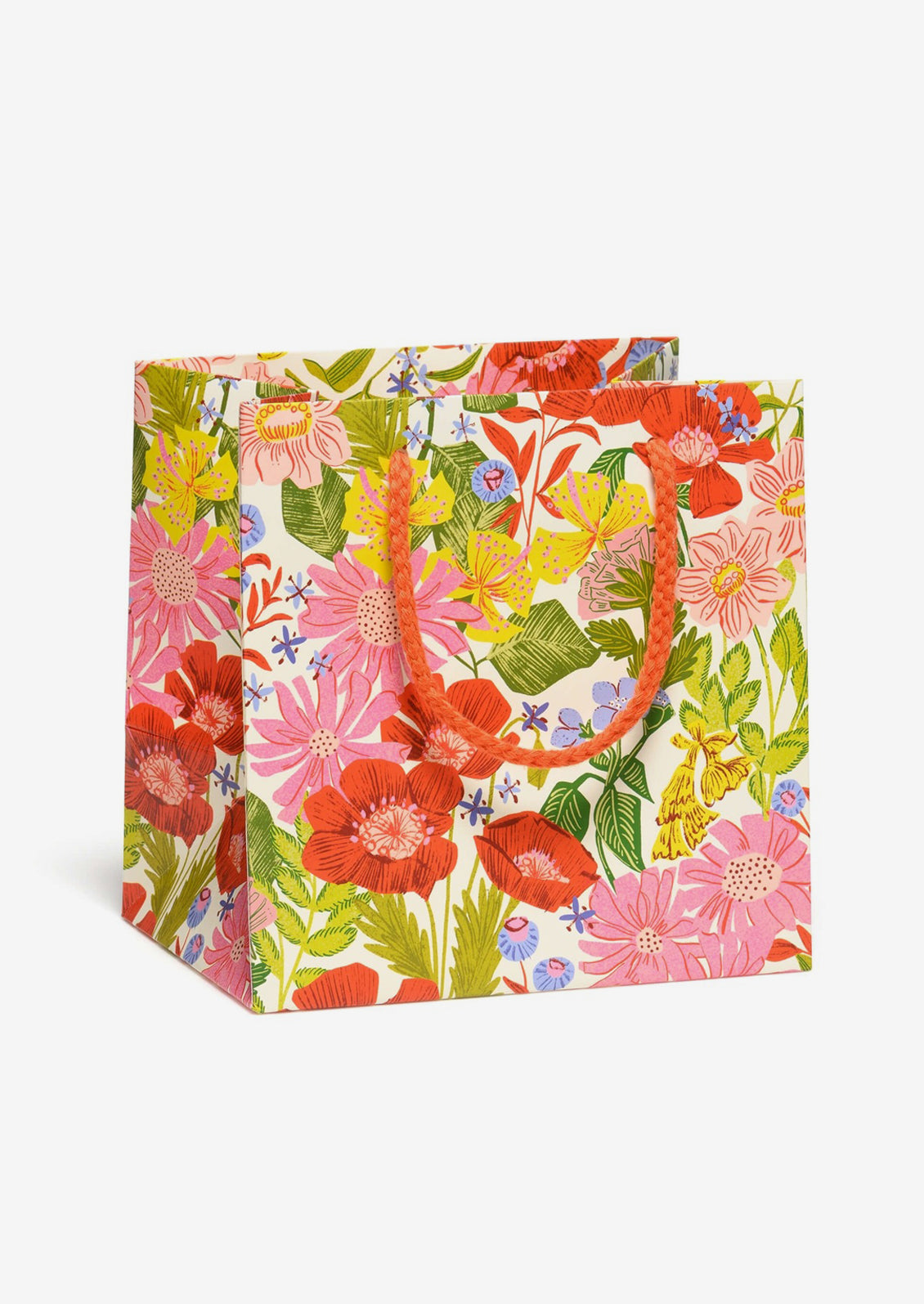 A small square shaped gift bag with multicolor mixed floral print.