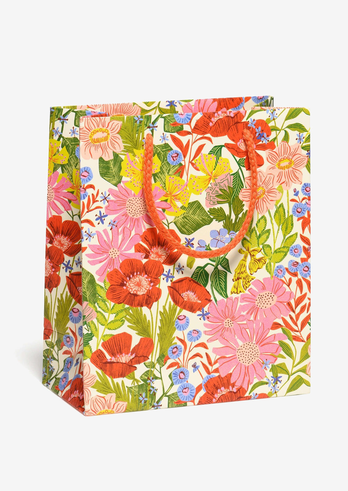 A printed gift bag with multicolor floral pattern on cream background.