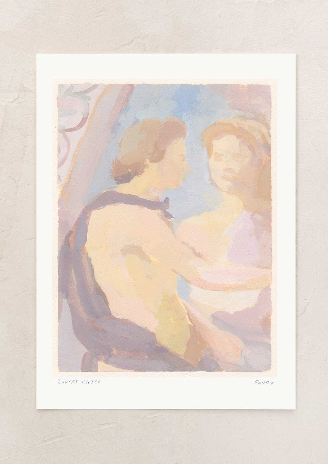 An art print in pastel colors of man and woman in romantic fresco.