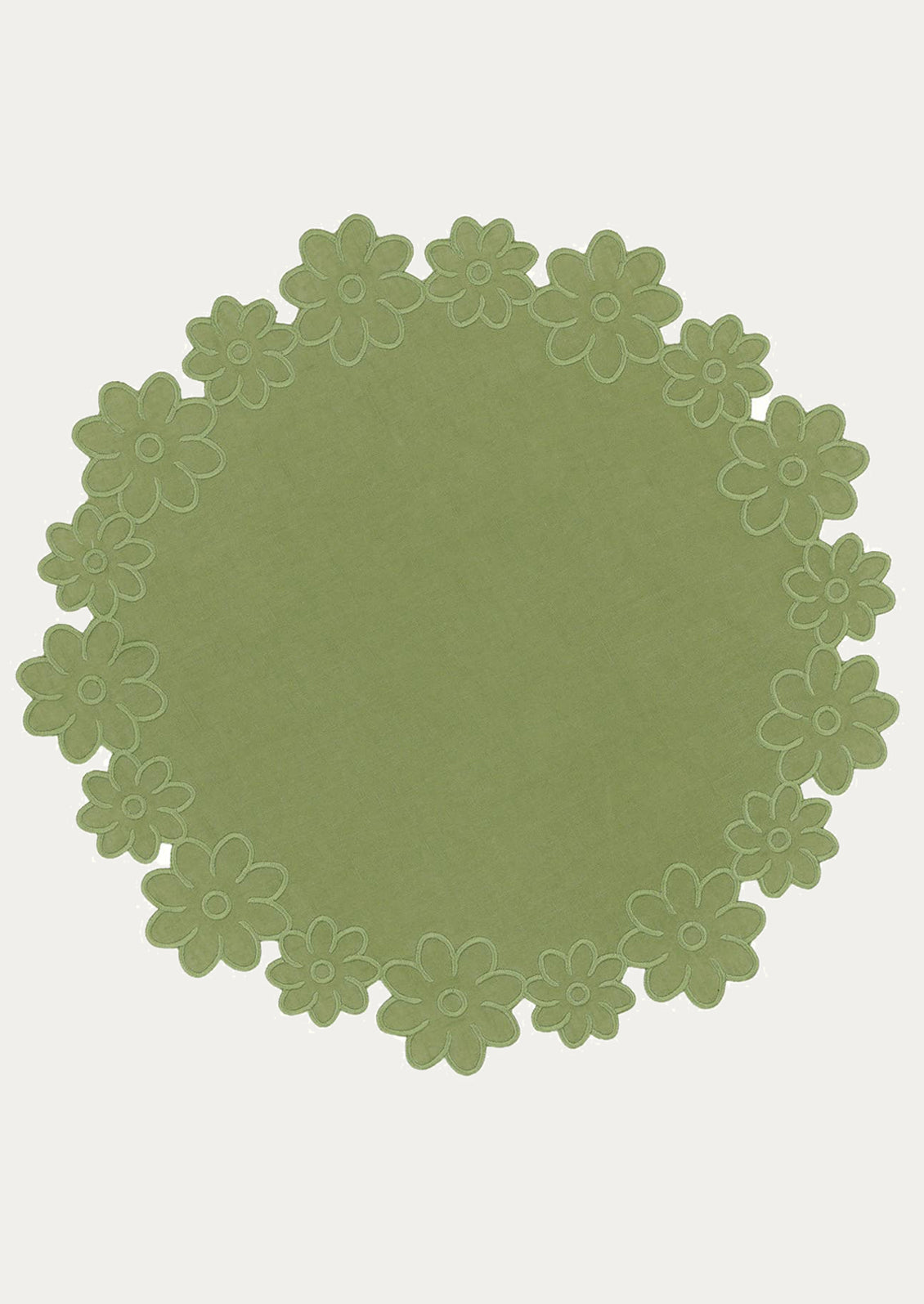 Green round placemat with floral edge design on a light gray background