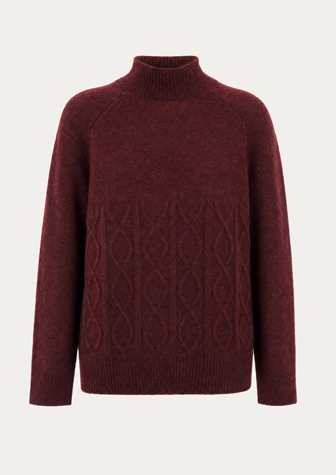 A maroon mohair blend sweater with cable stitching detail on lower half.
