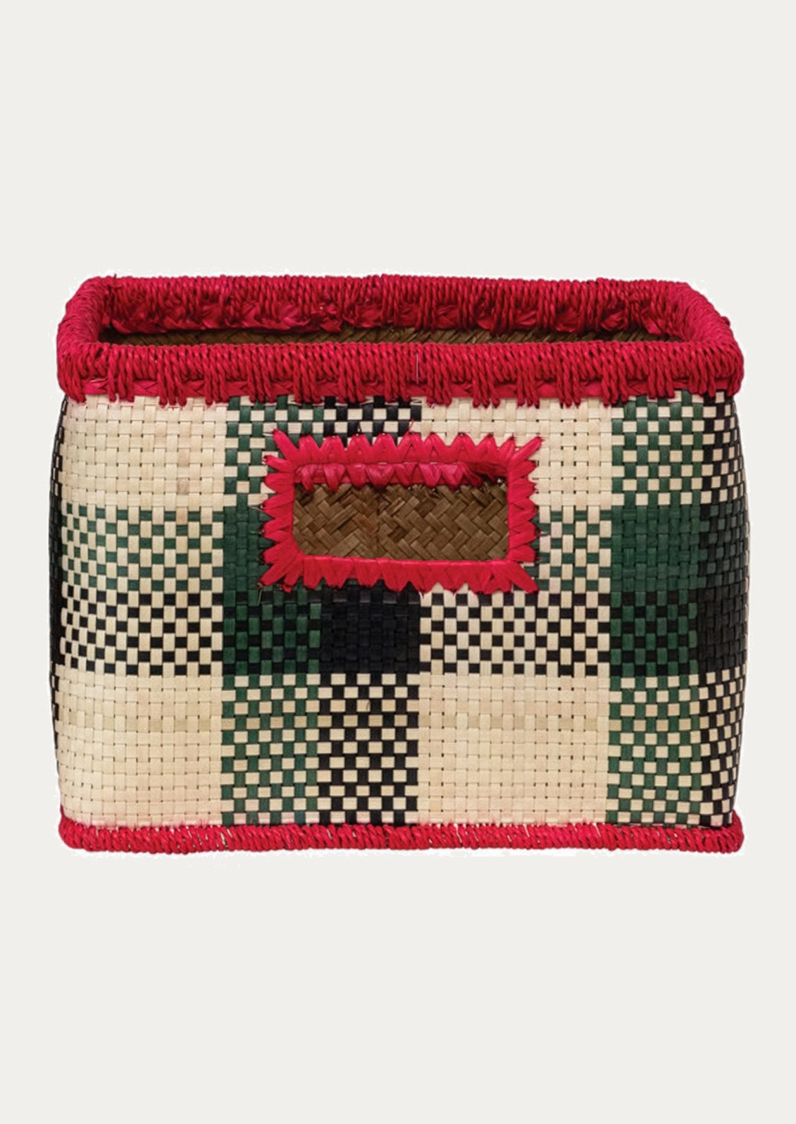Woven storage basket with geometric pattern and red accents on a white background