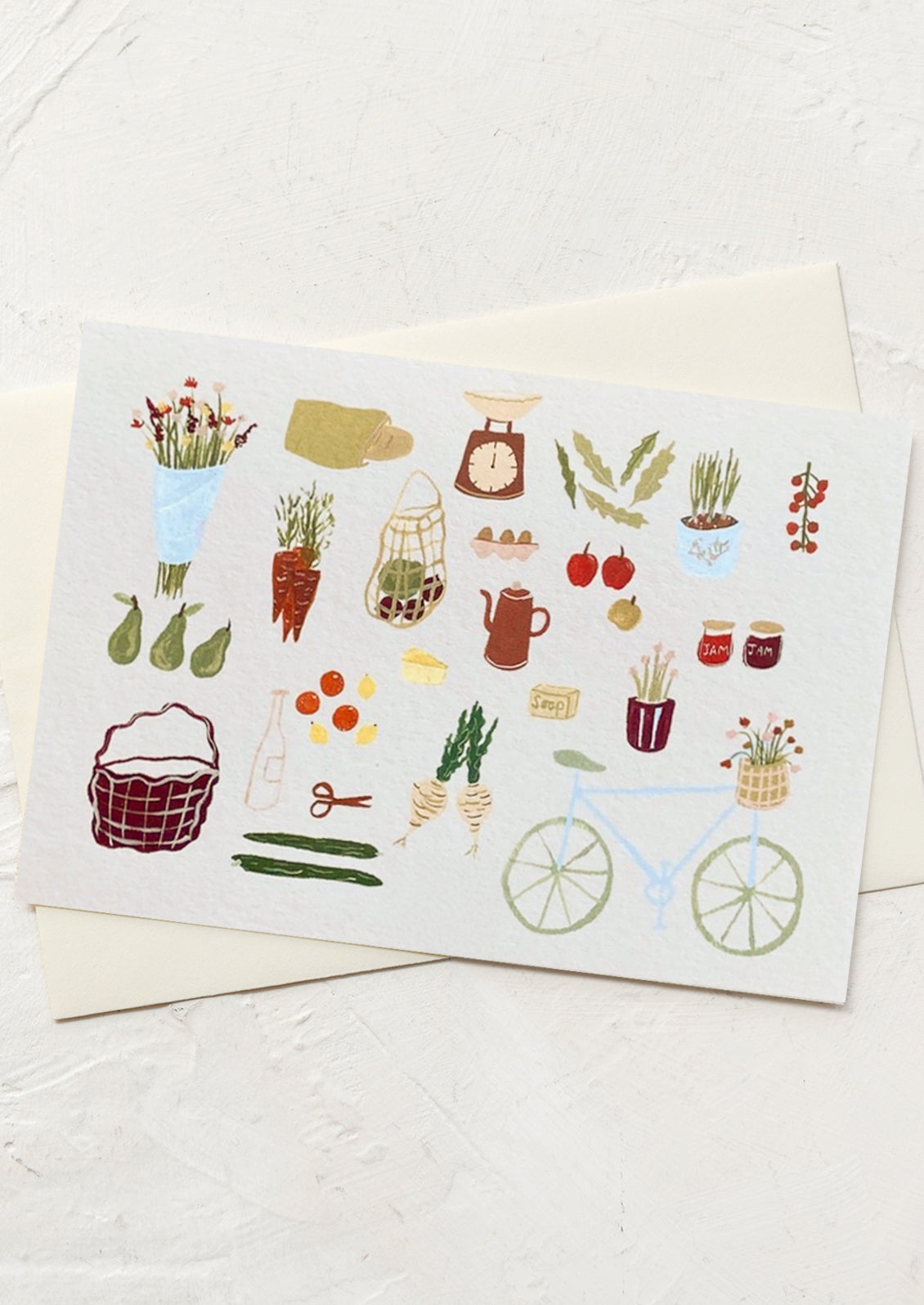 A greeting card with illustration of small items related to the farmer's market.