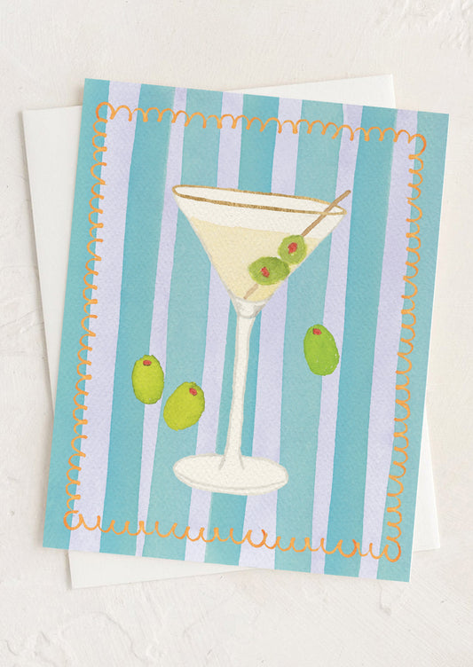 Greeting card with a martini glass and olives design on a striped background
