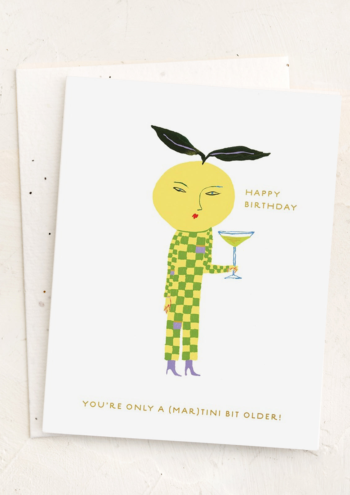 A card reading "Happy Birthday! You're only a (mar)tini bit older);