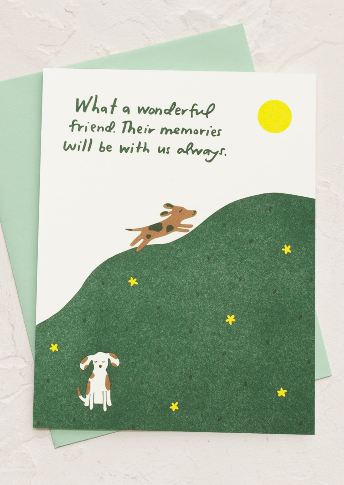 A card with image of dog, text reads "What a wonderful friend. Their memories will be with us always".