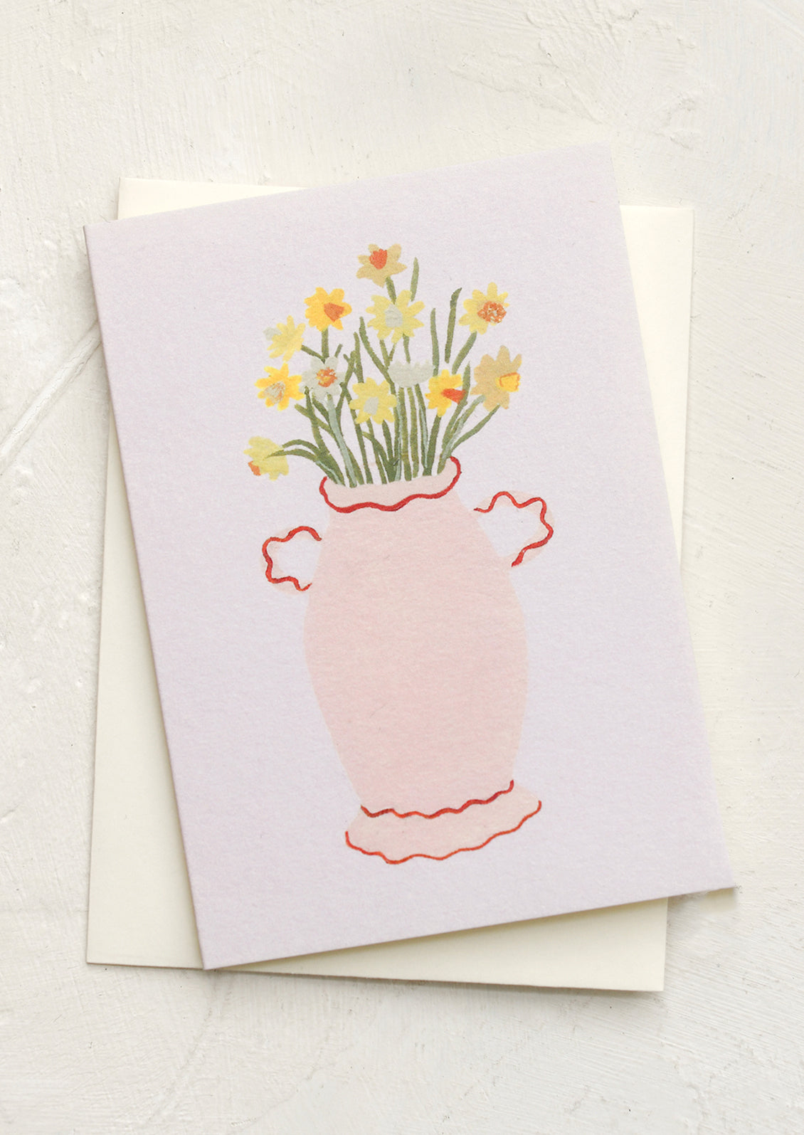 A mini greeting card in pastel purple with illustration of daffodils in vase.