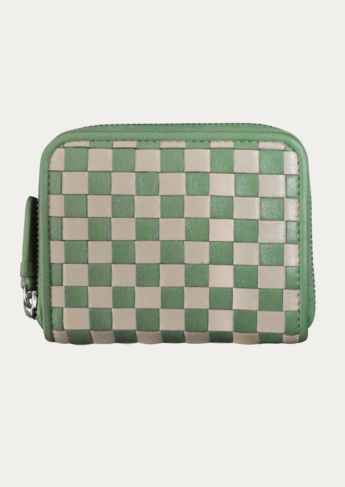 A leather checkerboard wallet in mint and cream.