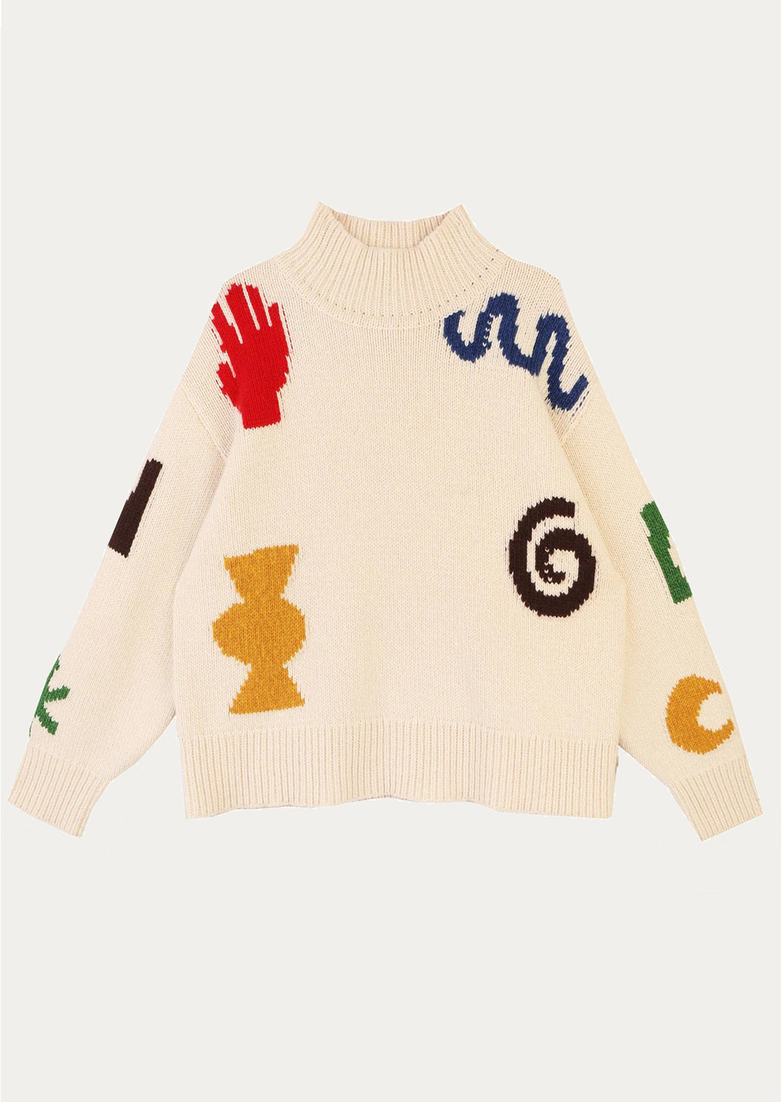 Beige sweater with colorful abstract patterns on a white background