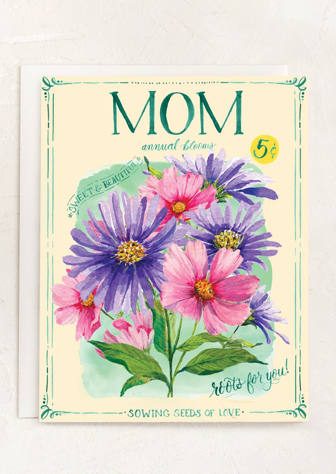 A mother's day greeting card that resembles a pack of flower seeds.