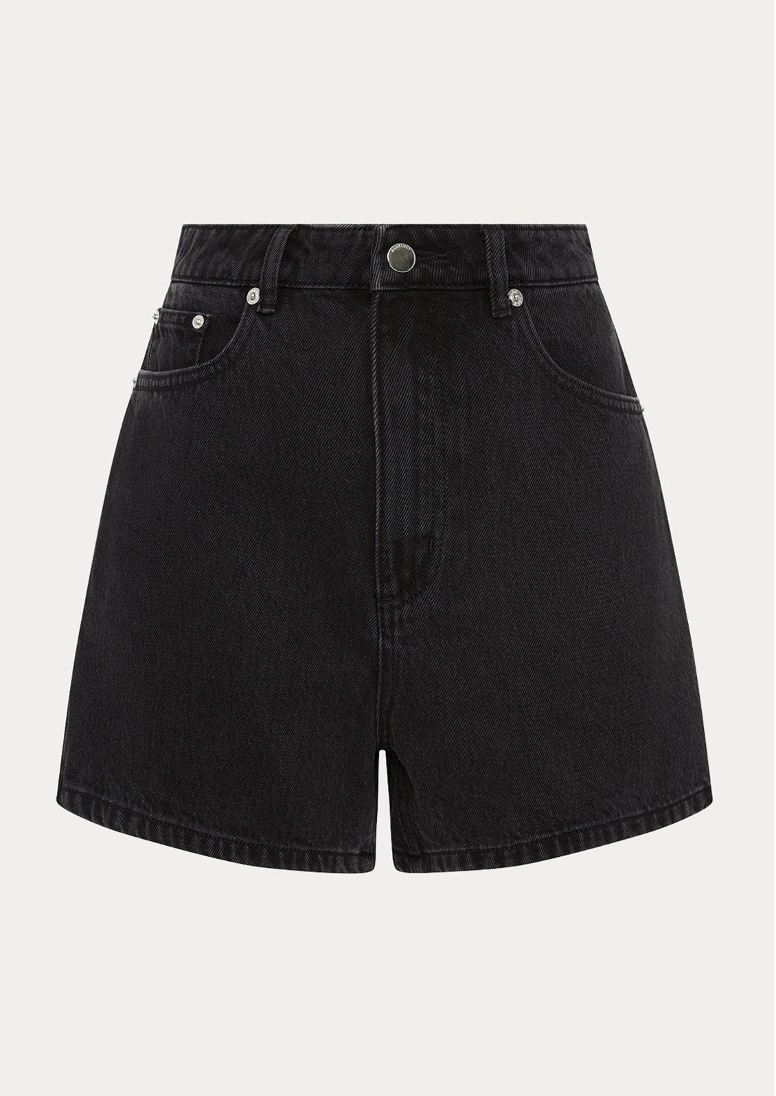 A pair of black stonewashed denim shorts.